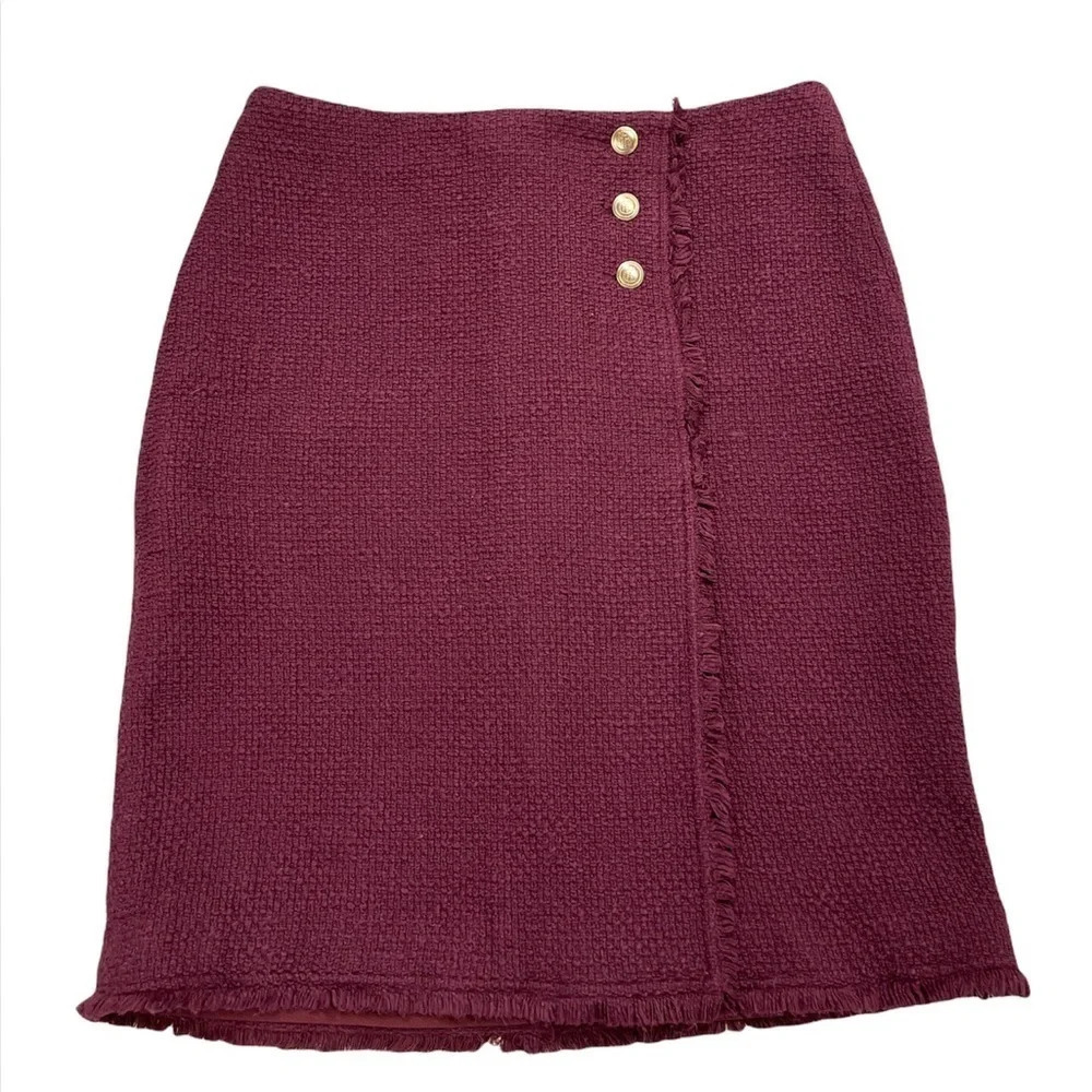 Talbots Tweed Faux Wrap Skirt Gold Buttons details Lined Fringe Size 10